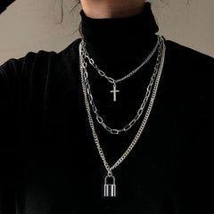 AOMU 2020 Personality Hip Hop Multilayer Necklace Metal Cross Pendant Silver Color Chain Necklace for Women Men Unisex Jewelry - dealskart.com.au