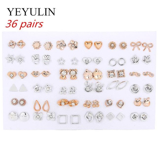 36Pairs/18pairs Earrings Mixed Styles Rhinestone Sun Flower Geometric Animal Plastic Stud Earrings Set For Women Girls Jewelry - dealskart.com.au