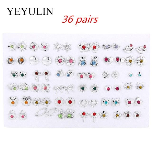 36Pairs/18pairs Earrings Mixed Styles Rhinestone Sun Flower Geometric Animal Plastic Stud Earrings Set For Women Girls Jewelry - dealskart.com.au