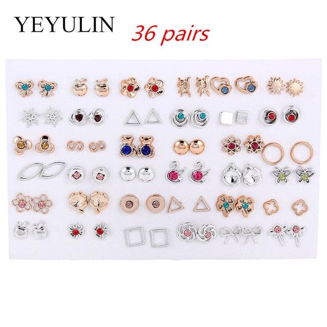 36Pairs/18pairs Earrings Mixed Styles Rhinestone Sun Flower Geometric Animal Plastic Stud Earrings Set For Women Girls Jewelry - dealskart.com.au