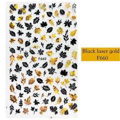 3D Black Laser Gold Autumn Leaf Nail Decal and Sticker Collection - dealskart.com.au