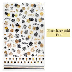 3D Black Laser Gold Autumn Leaf Nail Decal and Sticker Collection - dealskart.com.au