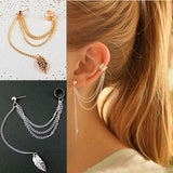 Qiaoyue Women's Leaf Tassle Chain Cuff Earrings - 1 Pair - dealskart.com.au