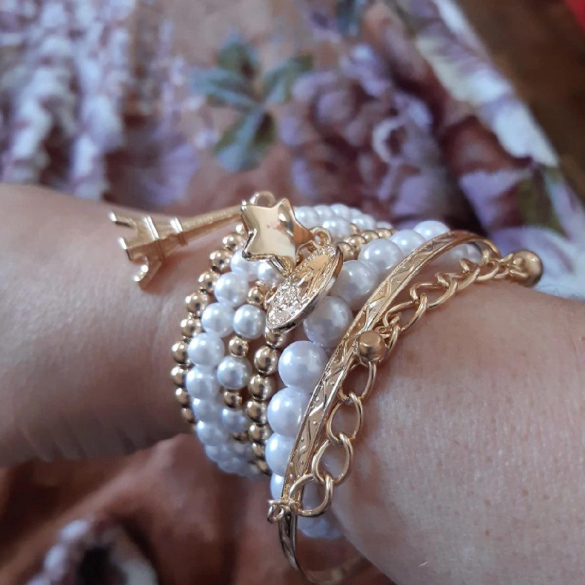 Tocona Chain and White Pearl Beaded Bracelet - Gold Toned - dealskart.com.au