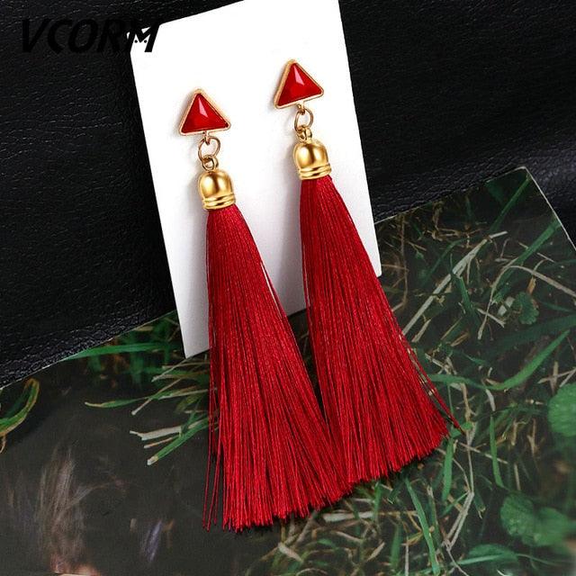 VCORM Bohemian Tassel Crystal Long Drop Earrings for Women Red Cotton Silk Fabric Fringe Earrings 2020 Fashion Woman Jewelry - dealskart.com.au