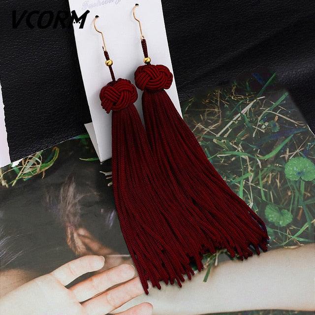 VCORM Bohemian Tassel Crystal Long Drop Earrings for Women Red Cotton Silk Fabric Fringe Earrings 2020 Fashion Woman Jewelry - dealskart.com.au
