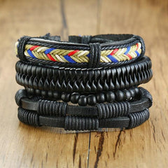 Vnox Multi Strand Leather Wrap Bracelet - Wood Beads, Ethnic - dealskart.com.au